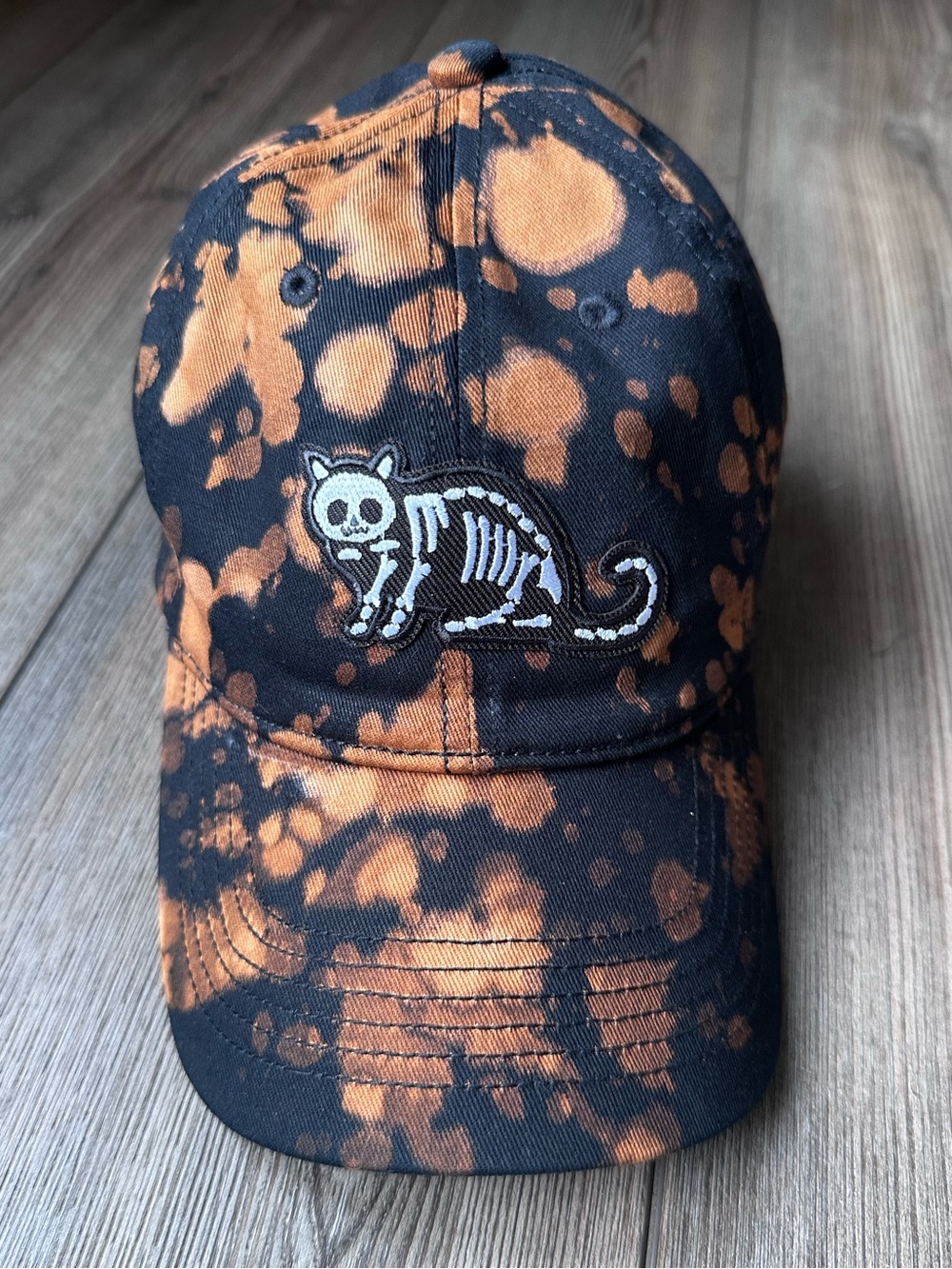 Skeleton Cat Hat Distressed Black Orange Bleach Baseball Hat Halloween